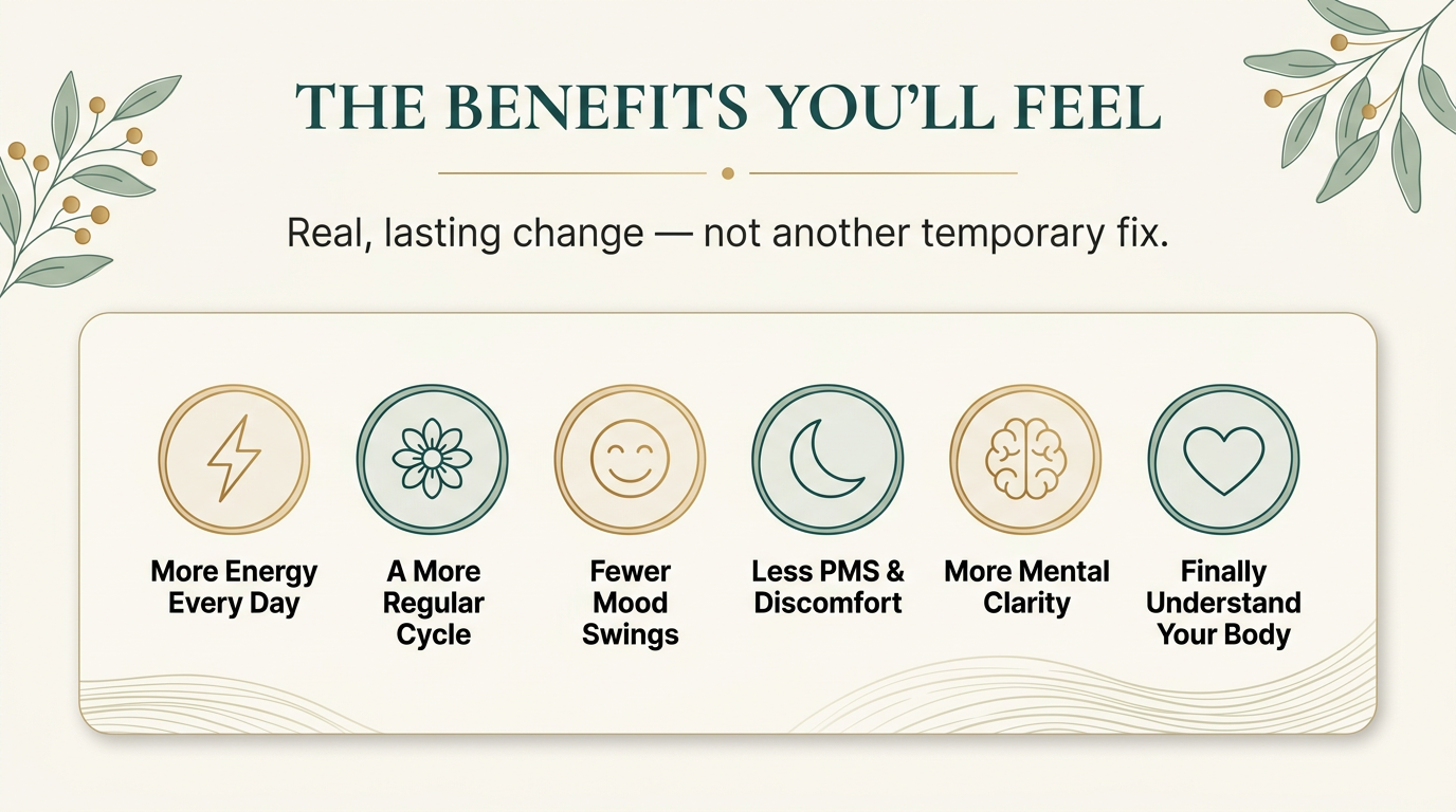 The benefits you'll feel: more energy, a more regular cycle, fewer mood swings, less PMS, mental clarity