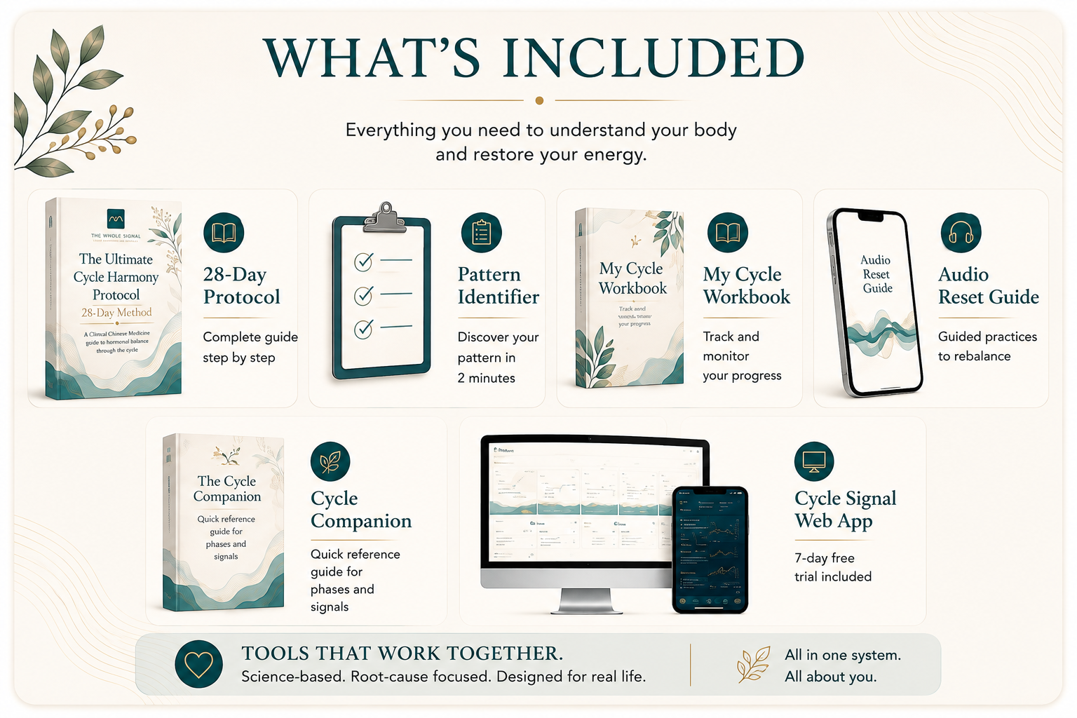 What's included: 28-Day Protocol, Pattern Identifier, My Cycle Workbook, Audio Reset Guide, Cycle Companion, Cycle Signal web app
