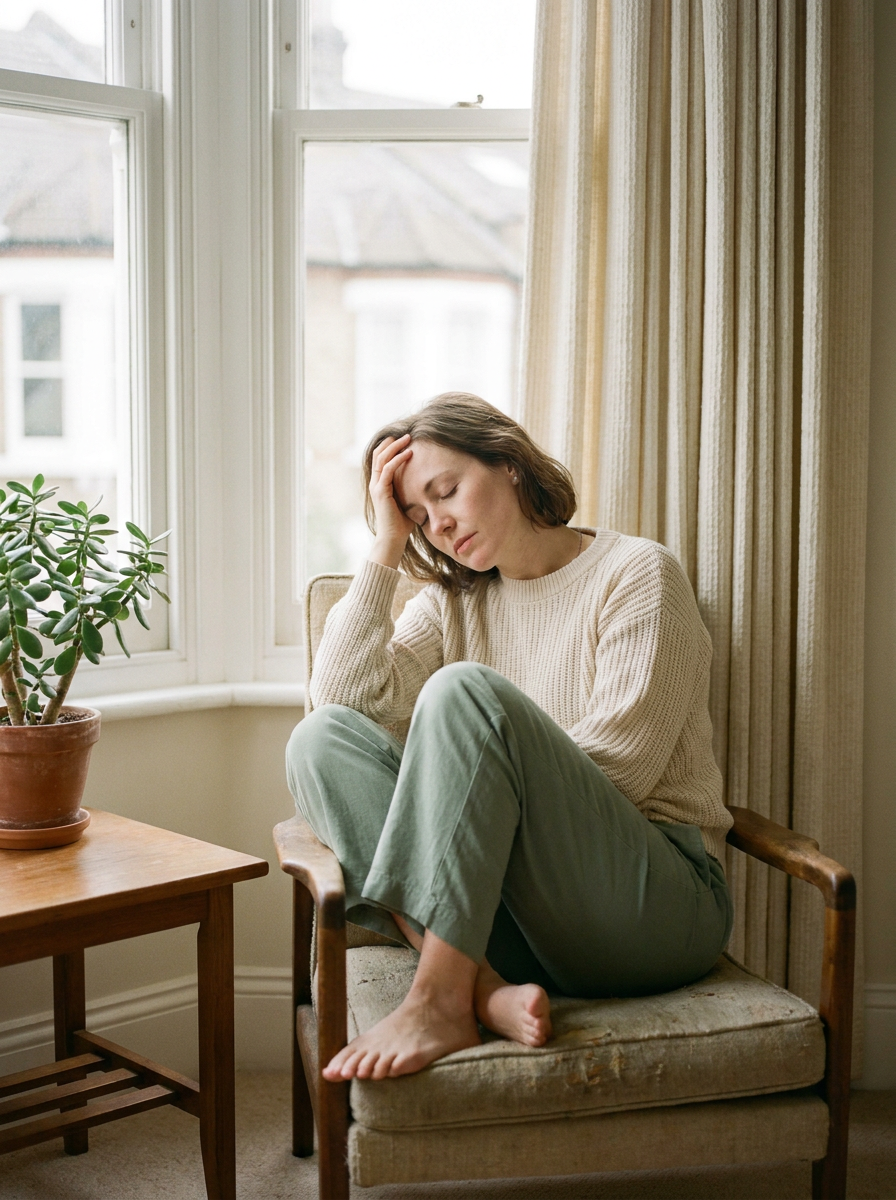 A woman resting by a window, quietly exhausted